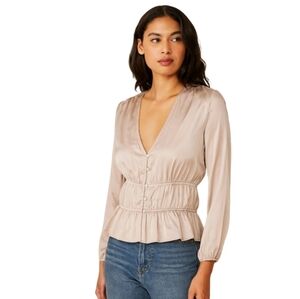 NWT‎ Mixed Threads Satin Beige V-neck Peasant Blouse Women's Large